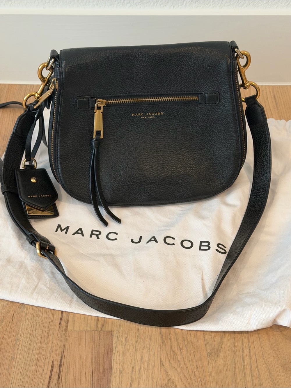 Marc Jacobs Black Pebbled Leather Saddle Crossbody with Gold Hardware